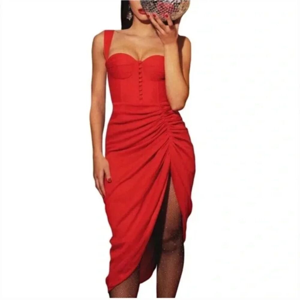 ADEIRLINA Its Showtime Corset Ruched Midi‎ Dress Red NWT XS